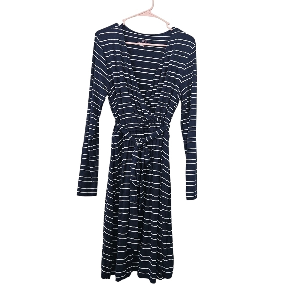Vineyard Vines Faux Wrap Blue White Stripped Midi Dress Size M